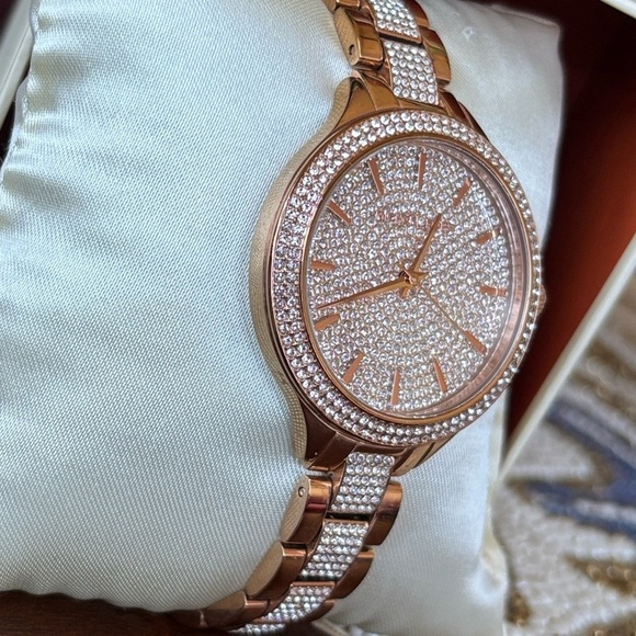 Michael Kors Pave Crystal Rose Gold Tone Watch Slim Runway Sparky Mid-Sized main image 15
